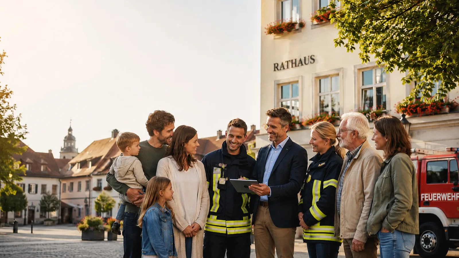 Bürgerinnen, Bürger und Feuerwehr vor dem Rathaus einer Kommune